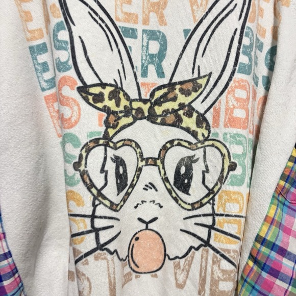 Upcycled Plaid Sweater Easter Pullover Pastel Bunny Boho Easter Outfit One Size - Picture 6 of 7